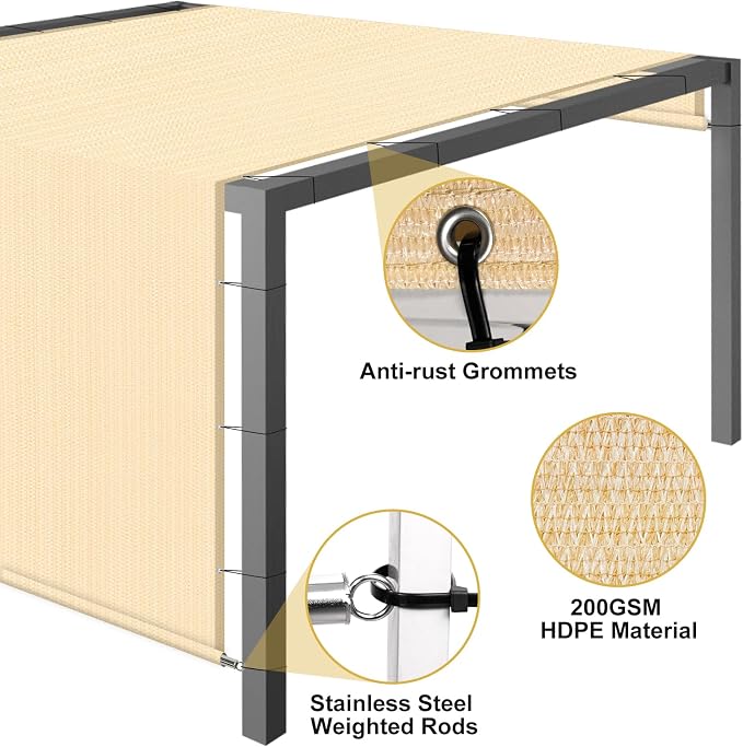 Shade&Beyond 10'x16' Pergola Shade Cover with Weighted Rods & Grommets, 90% UV Block Outdoor Sun Shade Cloth Canopy Replacement Cover for Patio Porch, Wheat | 200GSM HDPE Privacy Shade Screen Panel with Weighted Rods & Grommets, 90% UV Block Outdoor Su...