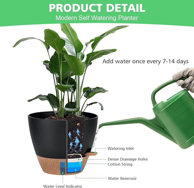 12" 10" 9" 8" Self Watering Pot for Indoor Plants, Large Plastic Planters Set with Water Level Indicator Deep Reservoir Tray, Bottom Watering Big Flower Pots with Mesh Drainage Hole - Black
