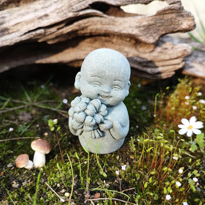 livelyfish Japanese Monk Statue Praying Zen Sandstone Mini Buddha Statues Asian Garden Sculptures for Wealth Good Luck Feng Shui Home Decor (Style 2)