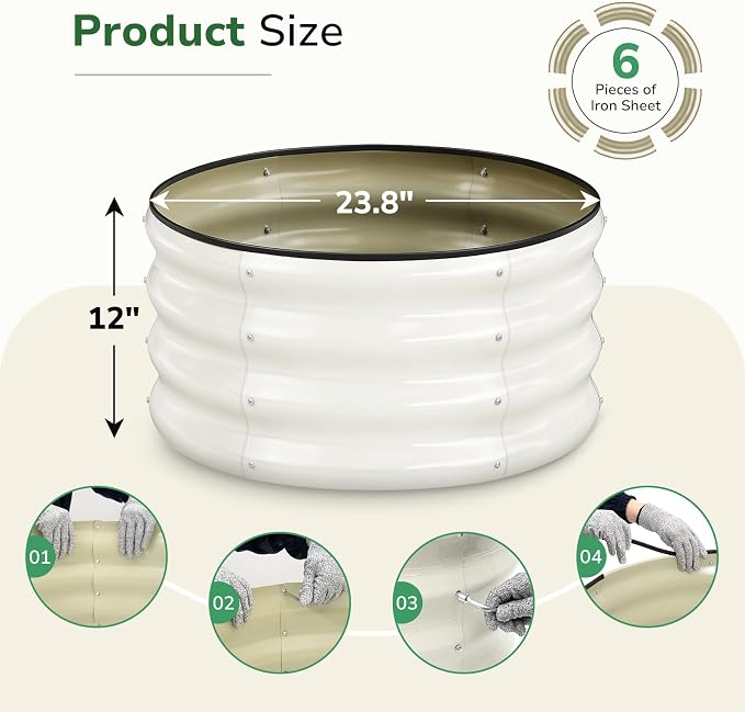 GreatBuddy 2x2x1 ft Round Galvanized Raised Garden Bed, Easy-Assembly Raised Bed with Anti-Cut Gloves & Tools, Rust-Proof Garden Bed for Outdoor, Vegetables, Herbs, Small Trees, White
