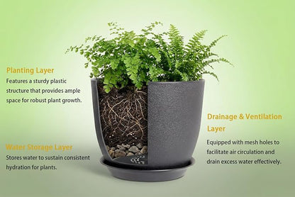 8 Inch Plant Pots Set of 2, Plastic Planters with Drainage Holes and Tray, Flower Pots for Indoor Outdoor Plants and Flowers (Black)