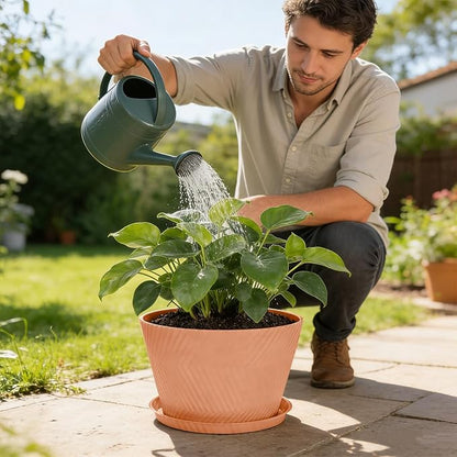 Set of 2-18 Inch Large Planter Set Includes a Pot with Round Drainage Holes and a Tray, Suitable for Tall Plants and Flowers. Extra-Large Outdoor Terracotta-Colored Plastic Planter