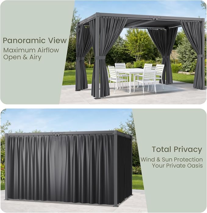 Louvered Pergola 12'x16' Outdoor Pergola with Roof, Heavy Duty Aluminum Frame & Waterproof Curtains, Hardtop Gazebo with Adjustable Louvers for Patio, Deck and Backyard, Gray