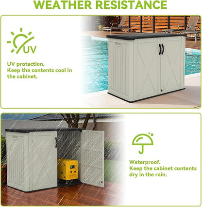 Devoko 26 Cu Ft Plastic Outdoor Storage Cabinet, Beige | Horizontal Resin Storage Shed with Lockable Door, Water-Resistant Backyard Storage Box for Garden Patio, Shelf Not Included
