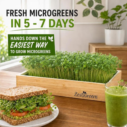 Organic Self-Watering Microgreens Growing Kit – Reusable Indoor Grow Tray with Organic Seeds, Grow Mats & Bamboo Frame – Easy No-Soil Microgreens Starter Kit (Broccoli & Salad Mix)