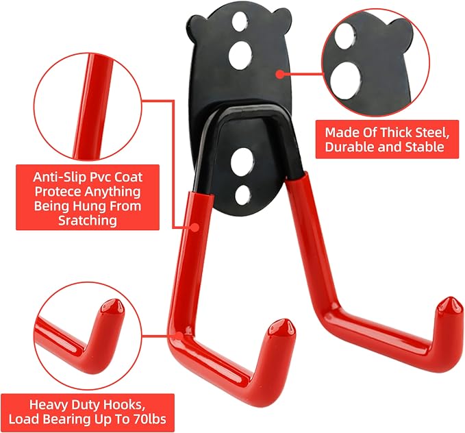 Garage Hooks Heavy Duty, Medium Square Hooks Set Wall Mount, Anti-Slip PVC Coated Steel Utility Storage Organizer for Hanging Ladders, Bikes, Garden Tools and Hoses 8 Packs