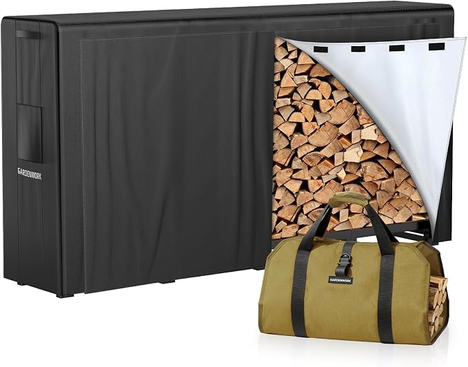 GARDENWORK 8FT Firewood Rack Outdoor with Cover,Heavy Duty Fire wood Log Holder,Wood Storage Racks with 600D Oxford Cover for Indoor and Outdoor with Firewood Bag