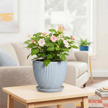 8 Inch Plant Pot Indoor, Ceramic Flower Pots with Drainage Hole and Saucer, Round Plant Pot for Indoor House Plants, Modern Plant Pot Indoor, Office Home Decor, House Warming Gifts, Light Blue