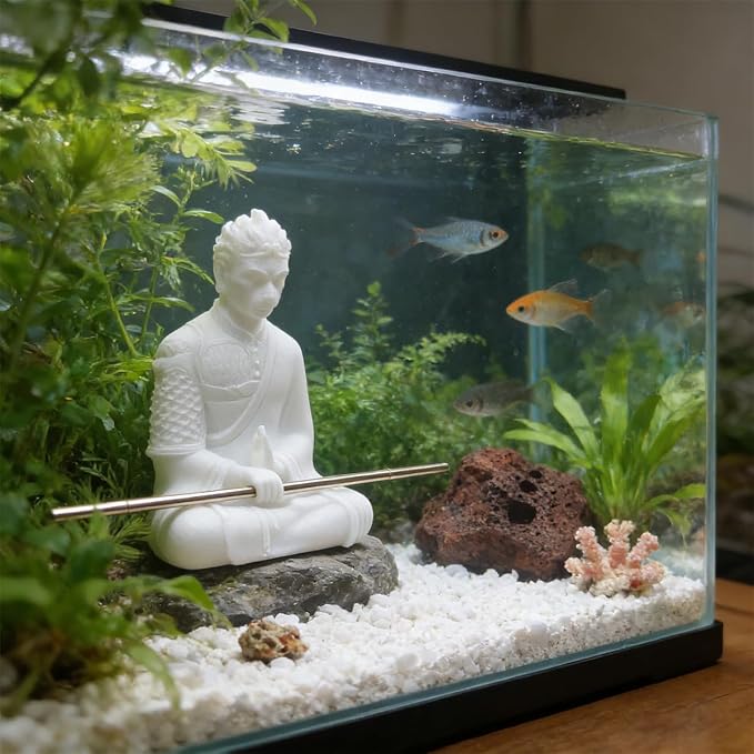 livelyfish Aquarium Sun Wukong Statue Monkey Kings Buddha Statues Zen Sandstone Figurines for Fish Tank Garden Aquarium Decor (White)