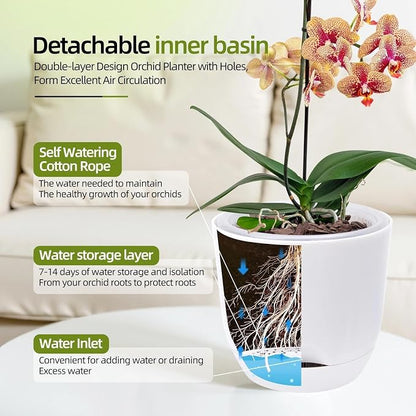 7.2Inch White Orchid Pots with Holes for Repotting, Double-Layer Plastic Self Watering Flower Pots for Indoor Plants with Drainage Holes, Clear Orchid Pot Match Decorative Orchid Container, 5 Packs
