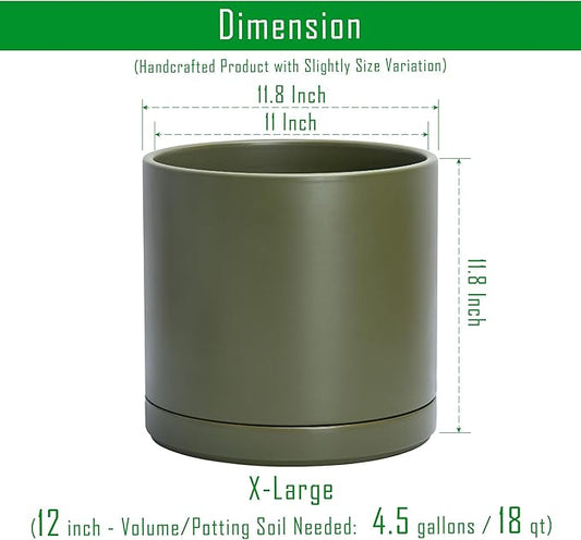 D'vine Dev 12 Inch Ceramic Planter Pot, Olive, 94-O-F-J | Modern Cylinder Design, Drainage Hole & Saucer Included, Stable Structure, Elegant Home Accent