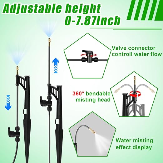 15 Sets 360° Adjustable Irrigation Misting Heads with Stake Micro Spray Emitters with 1/4" Irrigation Tubing on Riser Stake,Automatic Atomizing Sprinkler Stake Assembly for Garden Watering System