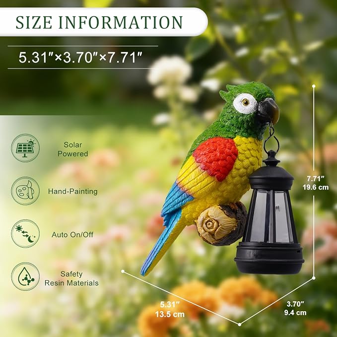 Colorful Parrot Garden Decor, Hanging Tree Ornament with Lantern Accent, Outdoor Yard Art for Patios and Lawns, Unique Gift for Garden Lovers
