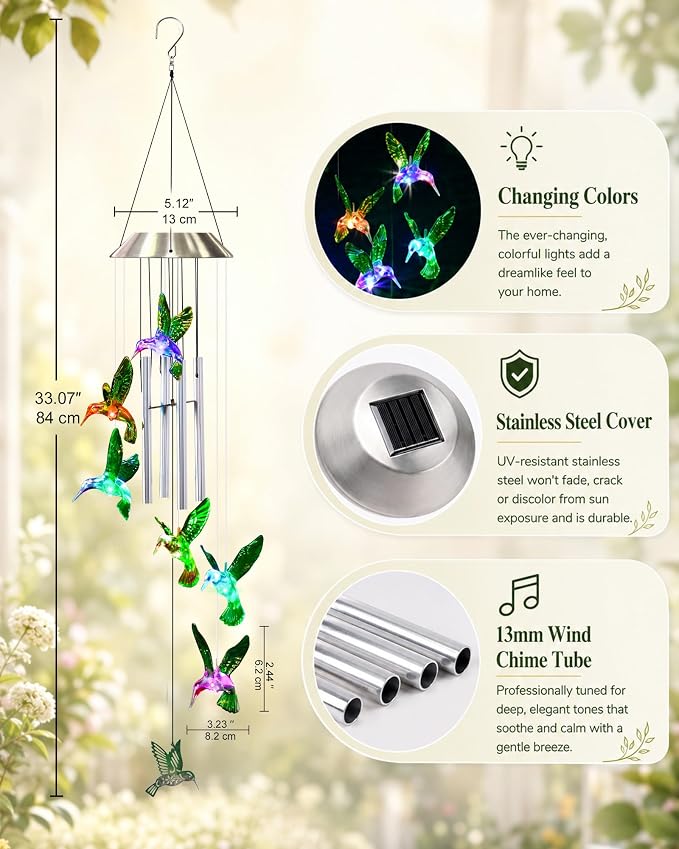 Nacome Wind Chimes for Outside: Tubes Memorial Wind Bell Mother's Day Birthday Gifts for Mom Women Grandma Her - Yard Garden Indoor Outdoor Decor (Hummingbird)