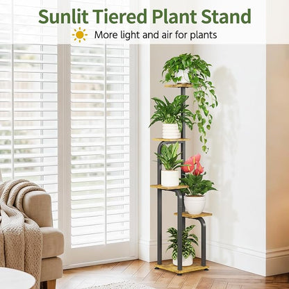 LASZOLA 5 Tiered Plant Stand Tall for Indoor Corner, Modern Multiple Flower Display Rack with Wooden Tray, Vertical Planter Shelf for Living Room Bedroom Patio Garden Balcony, Black Brown