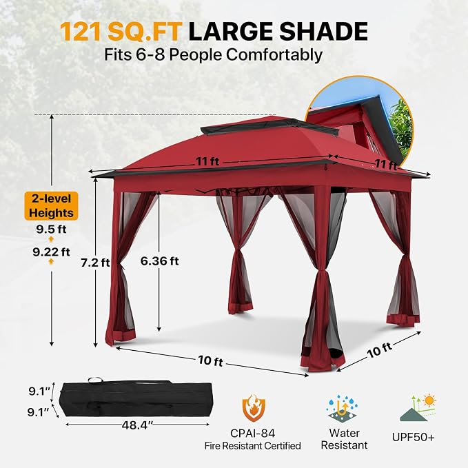 COOS BAY 11x11 Pop Up Gazebo with Mesh Netting, Instant Outdoor Canopy Tent, Water Resistant Shelter with UPF 50+ UV Protection, 121 Sq Ft Coverage, Red