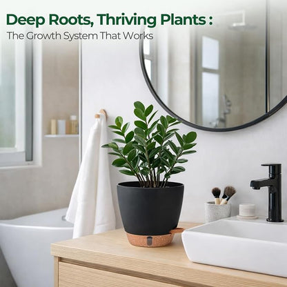 T4U 2 Pack 8 Inch Self Watering Pots - Water Level Indicator & Deep Reservoir, Mess-Free Planter for Busy People, Beginners & Gardeners, Pothos/Herbs/Snake Plants, Indoor Outdoor Use (Black)