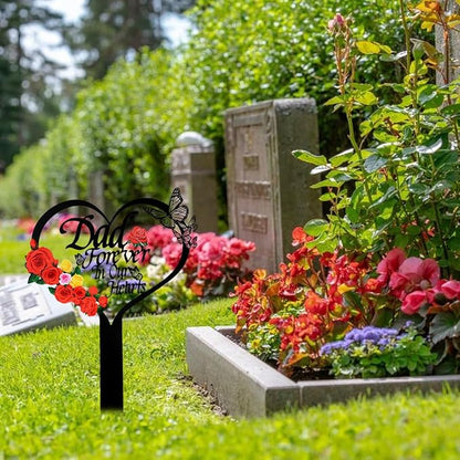 Memorial Grave Stake, Dad Forever in Our Hearts Grave Marker, Heart Grave Decorations for Cemetery, Metal Cemetery Decorations for Grave, Yard, Garden, Remembrance Grave Plaque for Dad