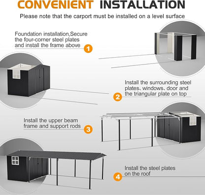 KEIKI 12x23 FT Heavy Duty Metal Carport with Storage Shed, Steel Garage Shelter with Sliding Door, Waterproof Sloped Roof, UV Protection Panels, Outdoor Car Canopy for Car, Boat, Tractor