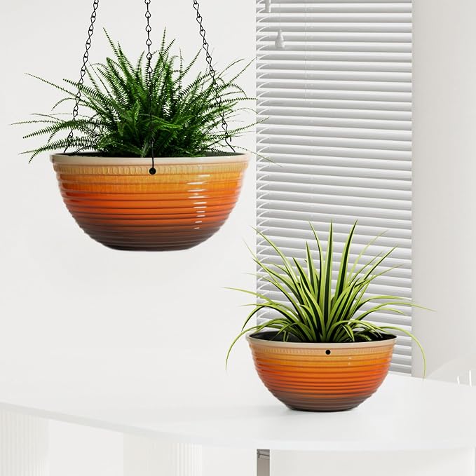 Vanslogreen 2 Pack Hanging Planters for Indoor Outdoor Plants, 10 Inch Hanging Planter with Drainage Hole & Plug Glazed Hanging Baskets Flower Pots for Garden Home, Orange