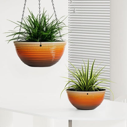 Vanslogreen 2 Pack Hanging Planters for Indoor Outdoor Plants, 10 Inch Hanging Planter with Drainage Hole & Plug Glazed Hanging Baskets Flower Pots for Garden Home, Orange