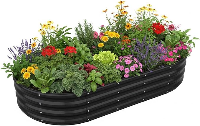 Raised Garden Bed, Metal Planter Box, Outdoor Planting,Metal Bed, Flower Vegetable Herb Planter (1 PCS of 6x3x1 f t, Dark Grey Oval)