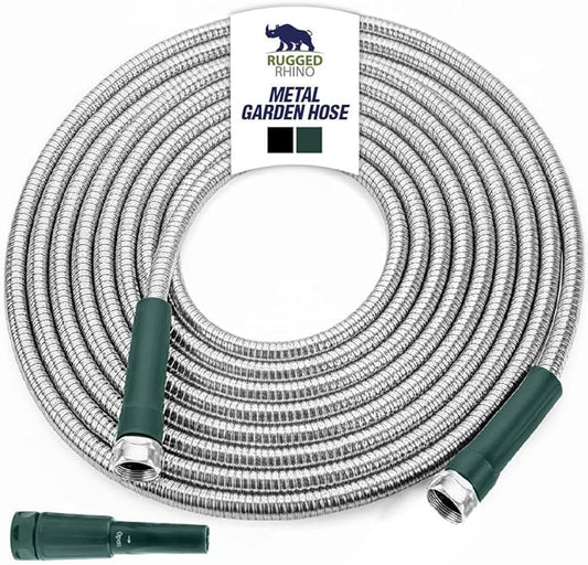 RUGGED RHINO Metal Garden Hose with Spray Nozzle, 75FT, 304 Stainless Steel, 750 PSI Burst Strength, Heavy Duty Flexible Water Hose, Kink Resistant, Leakproof for Yard, Lawn and Outdoor Use, Green