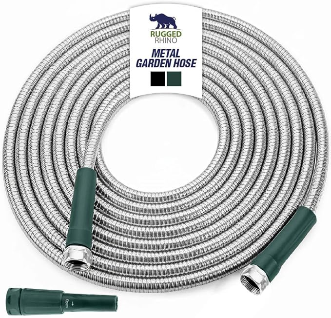 RUGGED RHINO Metal Garden Hose with Spray Nozzle, 304 Stainless Steel, 750 PSI Burst Strength, Heavy Duty Flexible Water Hose, Kink Resistant, Leakproof for Yard, Lawn and Outdoor Use, Green 25FT