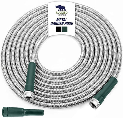 RUGGED RHINO Metal Garden Hose with Spray Nozzle, 304 Stainless Steel, 750 PSI Burst Strength, Heavy Duty Flexible Water Hose, Kink Resistant, Leakproof for Yard, Lawn and Outdoor Use, Green 25FT