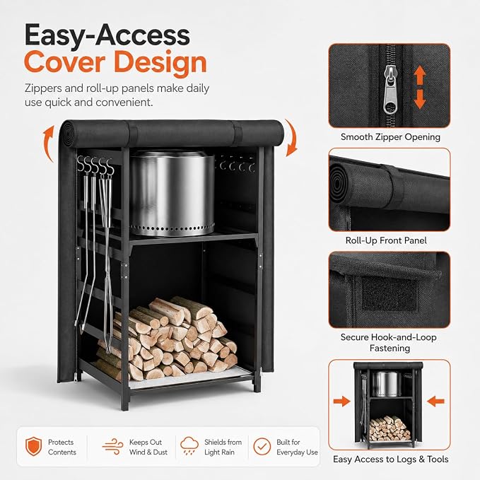 Hisencn Fire Pit Storage Station 4.5 ft for Solo Stove and Other Fire Pits, Outdoor Firewood Rack with Waterproof Cover, Adjustable Shelf Wood Storage Cabinet for Logs and Fire Pit Accessories