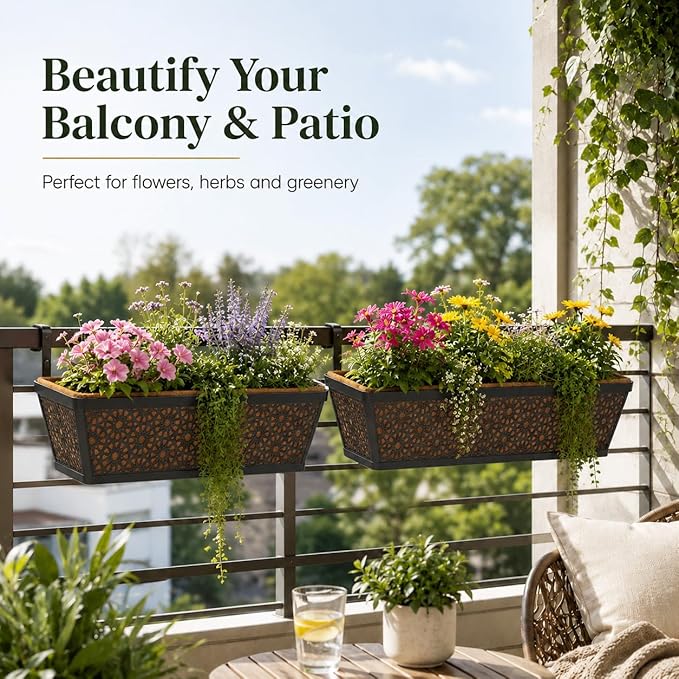 Halatool Railing Deck Balcony Planter Window Boxes, 2 Pack 30 Inch Metal Heavy Duty Planter Boxes with Coco Liner for Windowsill Fence Porch Patio Lawn Outdoor