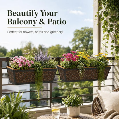 Halatool Railing Deck Balcony Planter Window Boxes, 2 Pack 30 Inch Metal Heavy Duty Planter Boxes with Coco Liner for Windowsill Fence Porch Patio Lawn Outdoor