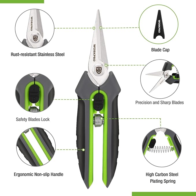 WORKPRO 2 Pack Garden Pruning Shears with Sheath, 6.5” Small Hand Pruners/Snips/Clippers- Spring Loaded & Precision Straight Blades, Microgreen Trimming Scissors for Flowers, Weeds, Indoors Bonsai | Sharp Straight Blades, Spring Loaded Design, Precisio...