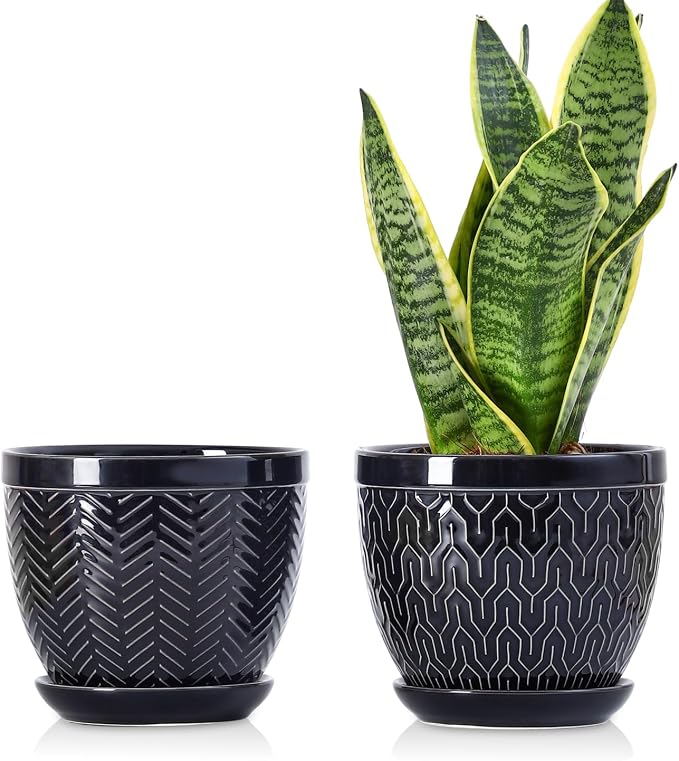 Sureasy 6.5 Inch Ceramic Plant Pots, Embossed Decorative Planters with Drainage Hole and Saucer, Modern Flower Pots for Indoor Plants, Set of 2, Black