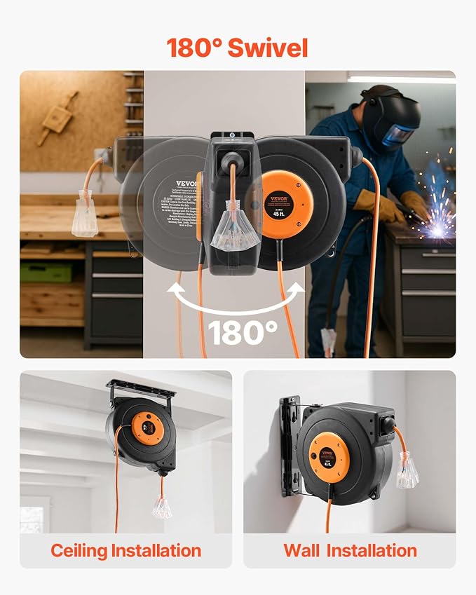 VEVOR Retractable Extension Cord Reel, 45 FT, Heavy Duty 12AWG/3C SJTOW Power Cord, with Lighted Triple Tap Outlet, 15 Amp Circuit Breaker, 180° Swivel Bracket for Ceiling or Wall Mount | Automatic Retractable with Lighted Triple Tap Outlet, 15 Amp Cir...