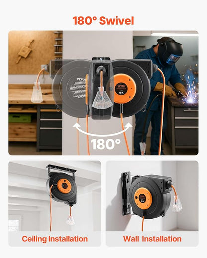 VEVOR Retractable Extension Cord Reel, 45 FT, Heavy Duty 12AWG/3C SJTOW Power Cord, with Lighted Triple Tap Outlet, 15 Amp Circuit Breaker, 180° Swivel Bracket for Ceiling or Wall Mount | Automatic Retractable with Lighted Triple Tap Outlet, 15 Amp Cir...