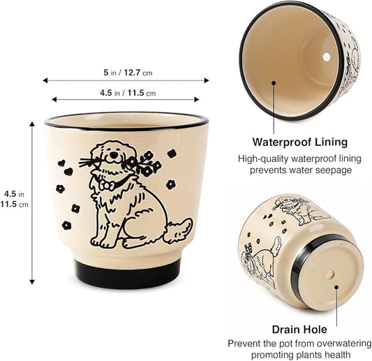 Ceramic Planter 5 Inch Plant Pots Indoor Succulent Plant Pot Cute Flowerpot | Unique Dog Pattern for Home, Garden, Patio and Office Decor
