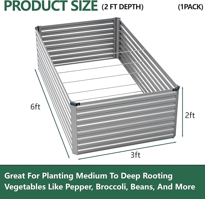 Vengarus 6x3x2ft Galvanized Raised Garden Bed,Metal Raised Beds Kit Silver | 2FT Deep Root Elevated Garden Planter Box, Corrugated Steel, Open Bottom, Rustproof All Weather, Large Vegetable Flower Bed