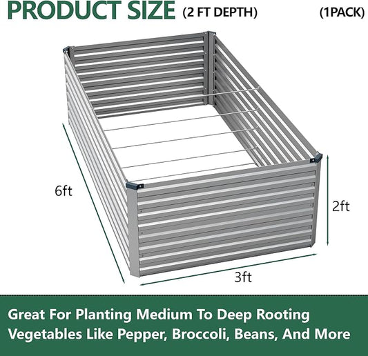 Vengarus 6x3x2ft Galvanized Raised Garden Bed,Metal Raised Beds Kit Silver | 2FT Deep Root Elevated Garden Planter Box, Corrugated Steel, Open Bottom, Rustproof All Weather, Large Vegetable Flower Bed