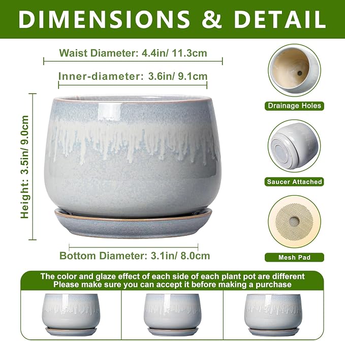 4 Inch Planter - Ceramic Plant Pots for Indoor Plants, Round Succulent Pots with Drainage and Saucer, Decorative Small Planter, Home Desktop Decor, Gardening Gifts for Women, Grey-White