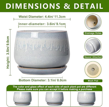 4 Inch Planter - Ceramic Plant Pots for Indoor Plants, Round Succulent Pots with Drainage and Saucer, Decorative Small Planter, Home Desktop Decor, Gardening Gifts for Women, Grey-White