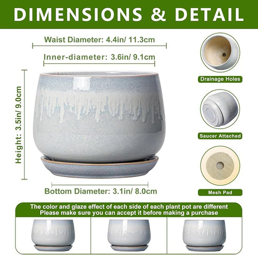4 Inch Planter - Ceramic Plant Pots for Indoor Plants, Round Succulent Pots with Drainage and Saucer, Decorative Small Planter, Home Desktop Decor, Gardening Gifts for Women, Grey-White