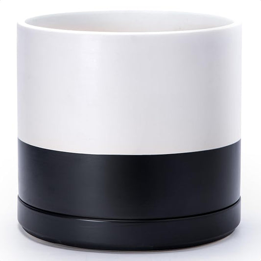 D'vine Dev 14 Inch Ceramic Planter Pot, Black White Two Tone, 94-O-G-L | Modern Cylinder Design, Drainage Hole & Saucer Included, Stable Structure, Elegant Home Accent