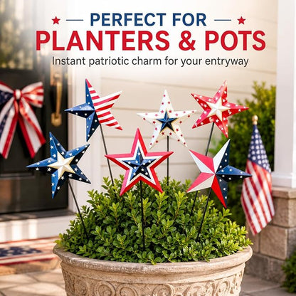4th of July Decorations Outdoor 19" Metal Barn Star 6-Pack, Patriotic Outdoor Decorations, Rustic Iron Decorative Garden Stakes with American Flag Stars for Yard Patio Lawn