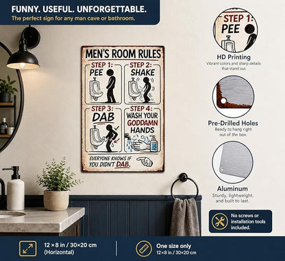 Men's Room Rules Funny Metal Sign, Vintage Bathroom Humor Wall Decor, Retro Restroom Step Guide Plaque for Man Cave Garage Bar Home Bathroom Decor 8x12 Inch