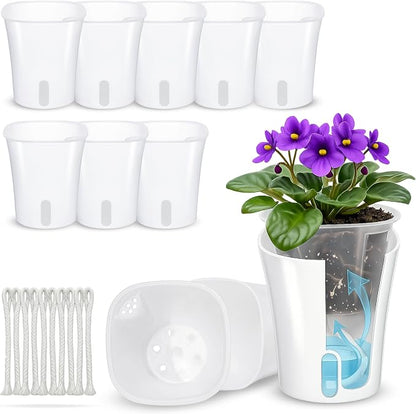 10 Pack 3" Self Watering Small White Plant Pots for Indoor Plants, Clear Inner Cup, Water Level Indicator, Drainage Holes & Wick, for Cuttings, Seedlings, Herb, African Violet