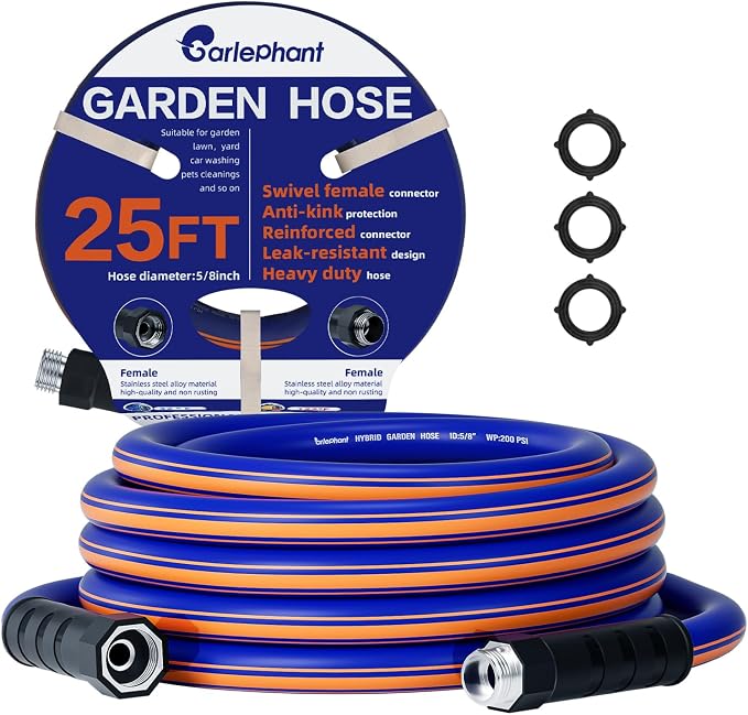 garden hose 25 ft x 5/8", Hybrid Rubber 25ft water hose, Durable, Anti-UV, Sturdy, No-Leakage, Lightweight, Flexible, Heavy Duty garden hoses with Swivel Handle