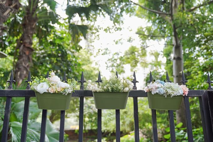 Dahey 10.5 Inch Metal Iron Hanging Flower Pots for Railing Fence Hanging Bucket Pots Countryside Style Outdoor Planter Window Flower Plant Holder with Detachable Hooks Home Decor,Green,3 Pcs