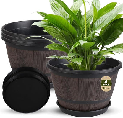 Myfeegoin 16-inch-Large-Pots-for-Plant-Outdoor, 4 Pack Plastic Whiskey Barrel Planters Plant Pots with Drainage Hole & Saucer, Decorative Indoor Flower Pot for House Garden Porch