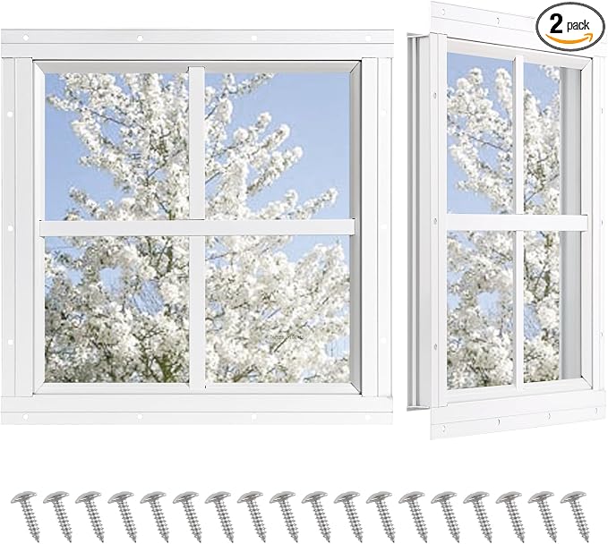 Shed Windows 2 Pack, Chicken Coop Fixed Windows 12" x 12" White | Square Gable Flush Mounted Small Windows with Tempered Glass for Shed, Barns, Playhouse, Household, Garage